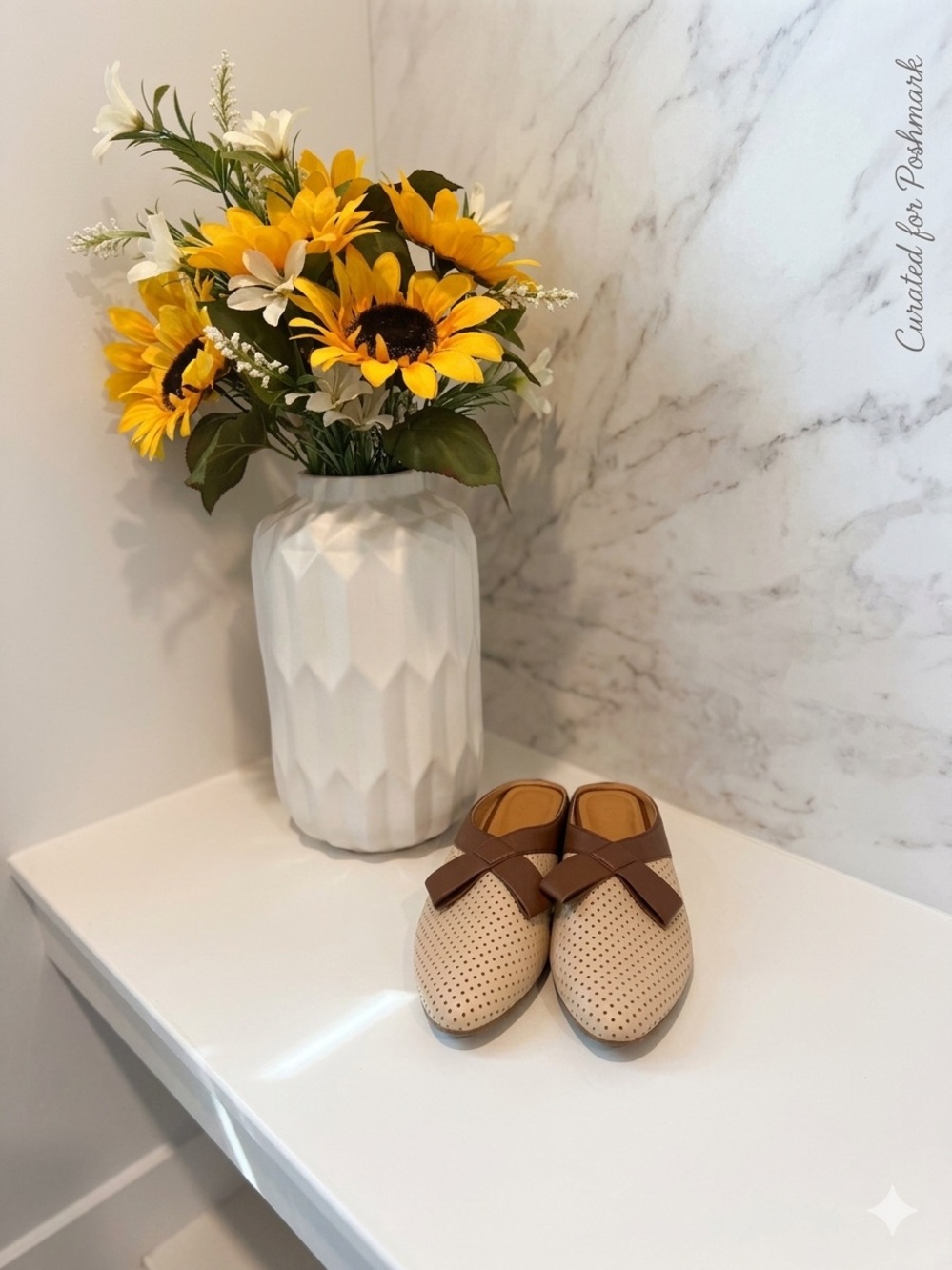 Perforated Slip-On Mules with Brown Strap - Neutral Beige